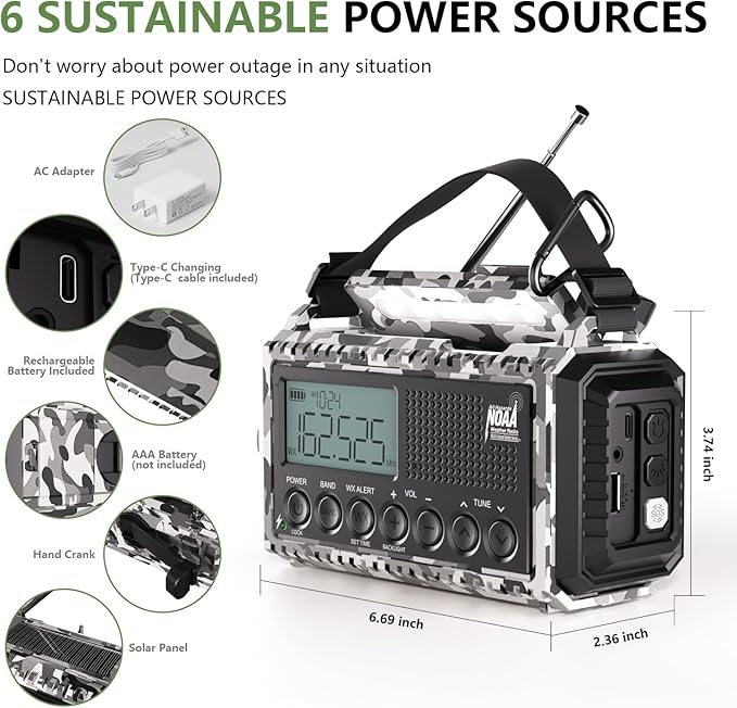 Emergency Radio 12000mAh AUTO NOAA Weather Radio, Solar Hand Crank Portable AM/FM Shortwave Radio with Rechargeable Battery Powered, Flashlight, Reading Lamp, SOS Alarm for Indoor Outdoor Emergencies