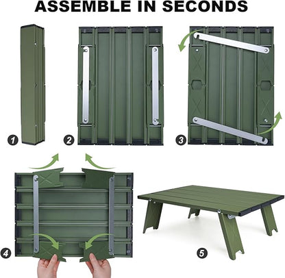 Small Folding Beach Table, Mini Ultralight Camping Table Aluminum, Backpacking Short Table, Green