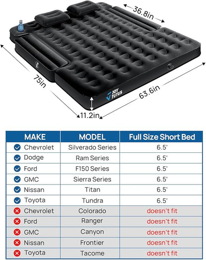 JOYTUTUS Truck Bed Air Mattress for 6.4-6.7Ft, Full Size Regular Beds for Pickup Outdoor Camping, Truck Tent Accessories with Carry Bag & Cup Holder & Cavity Design, Black
