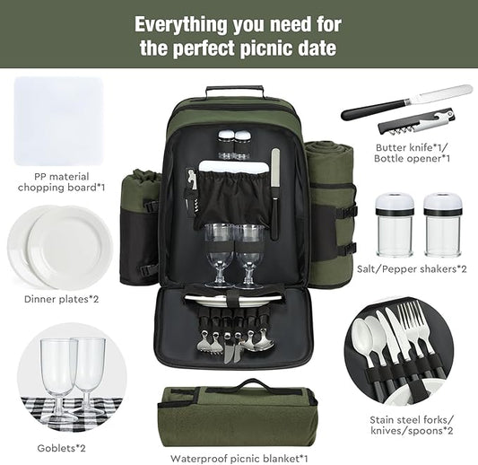 Couple Gifts 24L Picnic Basket Set, Green Insulated Picnic Backpack for 2, Leak Proof Cooler Camping Gifts, Cool Bridal Shower Gifts Anniversary Engagement Wedding Gifts for Couples, Mr and Mrs Gifts