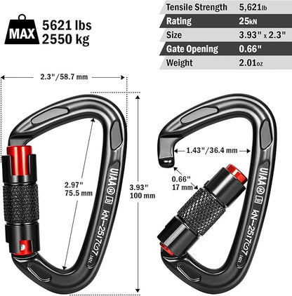 FresKaro UIAA Certified 25KN Auto Locking Climbing Carabiner Clips, Twist Lock, and Heavy Duty Carabiners for Rock Climbing, Rappelling, and Mountaineering, D Shaped 3.93 Inch, Large Size, Black