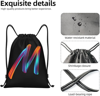Drawstring Bags Initial Drawstring Backpack Sackpack Black Draw String Cinch Bags for Sports, Gym, Travel, Swimming, Beach, Camping, Rainbow Letter M