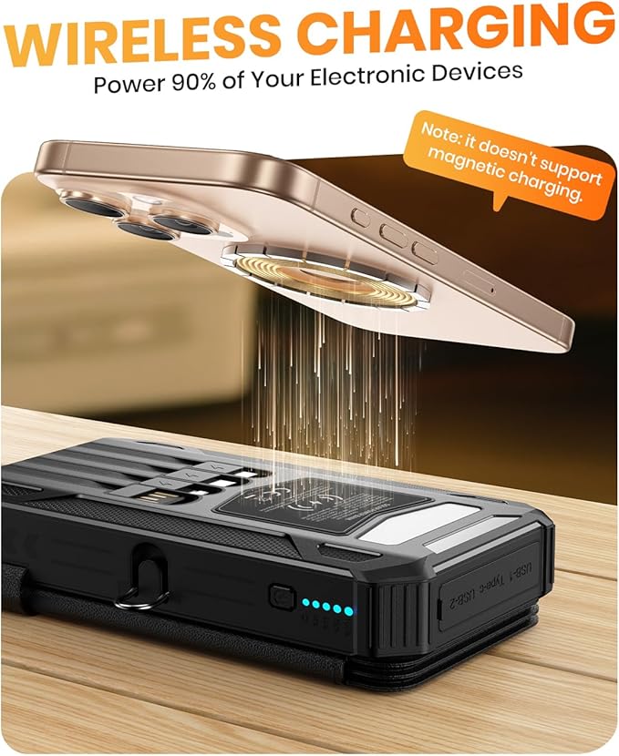SOARAISE Solar Charger Power Bank - 48000mAh Wireless Portable Charger Built-in 4 Cables and 4 Solar Panels, PD QC 3.0 Fast Charging USB C Battery Pack with Flashlight for Camping Travel (Black)