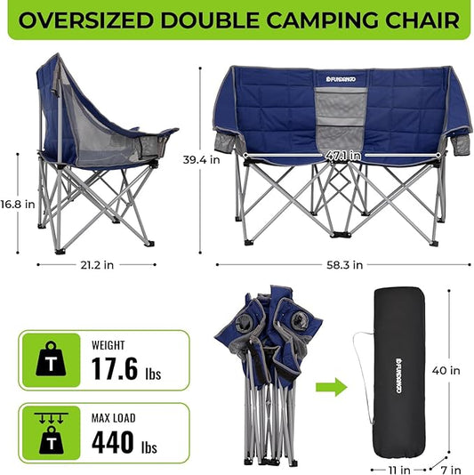 FUNDANGO Oversized Double Camping Chair, 2 Person Folding Padded Loveseat for Adults，660lbs Heavy Duty Chair with Arm Cup Holder for Outdoor Patio Lawn Camp with Carry Bag (Blue)