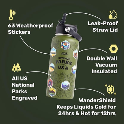 LET'S WANDER National Parks Water Bottle with 3 Lids & 63 Waterproof Stickers - 32oz Leakproof Insulated Stainless Steel with Straw - Parks of the USA Hiker Bucket List Gift Bottle (Green)