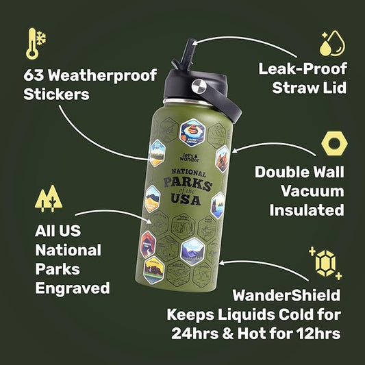 LET'S WANDER National Parks Water Bottle with 3 Lids & 63 Waterproof Stickers - 32oz Leakproof Insulated Stainless Steel with Straw - Parks of the USA Hiker Bucket List Gift Bottle (Green)