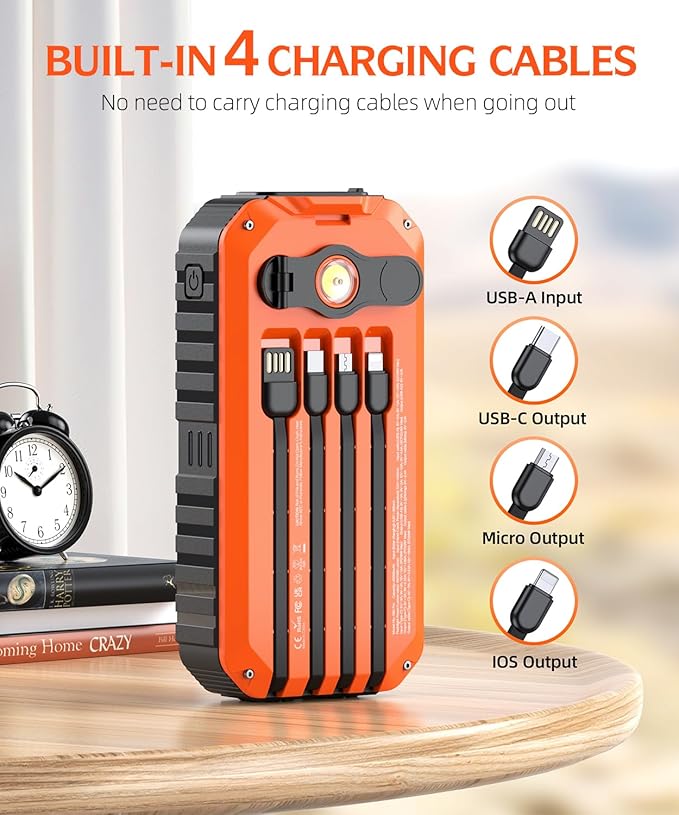 QiSa Solar Charger Power Bank 40000mAh Built in 4 Cables and Hand Crank, Portable Charger 22.5W Fast Charger 6 Outputs & 4 Inputs External Battery Pack with Bright Flashlight and Compass