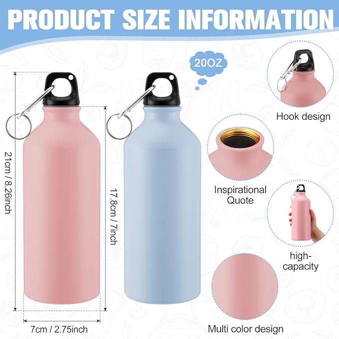 Domensi 24 Pcs 20oz Aluminum Water Bottles Bulk Reusable Water Bottles Lightweight Leak Proof Aluminum Sports with Twist Cap Buckle for Gym, Hiking, Cycling, Camping, Fishing