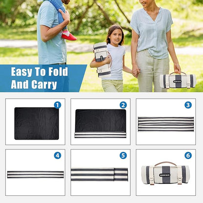 G GOOD GAIN Waterproof Picnic Blanket Portable with Carry Strap for Beach Mat or Family Outdoor Camping Party, Park Blanket for Grass Park, Hiking, Travel, Concerts (Denim Blue)