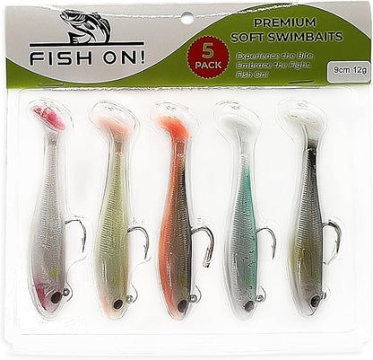 3 1/2" Pre-Rigged Jig Head Fishing Lures Pack of 5 - Soft Plastic Paddle Tail Swimbait with Hook for Freshwater and Saltwater