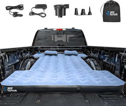 JOYTUTUS Truck Mattress for Camping,Air Bed with Inflatable Pillow for 6.4-6.7Ft,Full-Size Thicken Sleeping Pad with Cup Holder, Blow Up Bed for Car Truck Pickup F150, Grey Blue