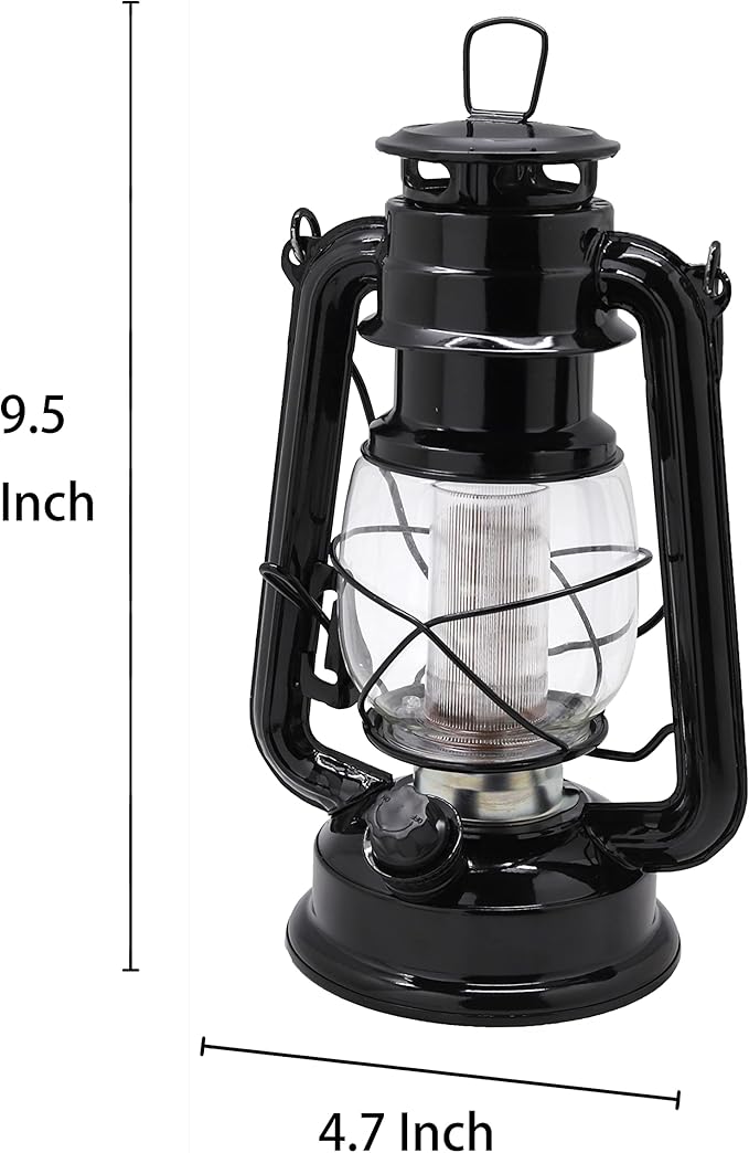 YAKii LED Vintage Metal Hanging Hurricane Lantern - 12 LED Dimmer Switch, Cold White Battery Operated Lantern for Power Outage, Indoor Camping, Outdoor Decoration (Black)
