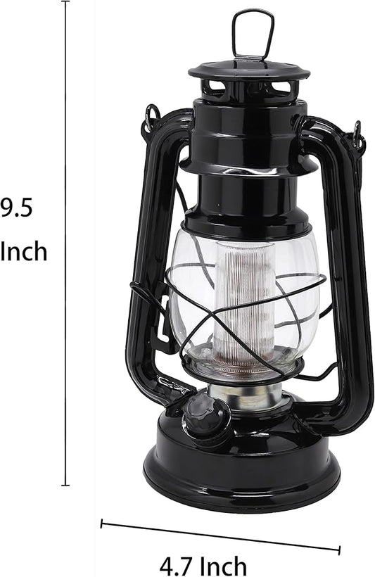 YAKii LED Vintage Metal Hanging Hurricane Lantern - 12 LED Dimmer Switch, Cold White Battery Operated Lantern for Power Outage, Indoor Camping, Outdoor Decoration (Black)