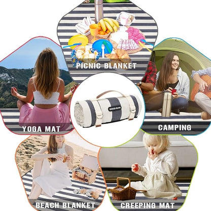 G GOOD GAIN Waterproof Picnic Blanket Portable with Carry Strap for Beach Mat or Family Outdoor Camping Party, Park Blanket for Grass Park, Hiking, Travel, Concerts (Denim Blue)