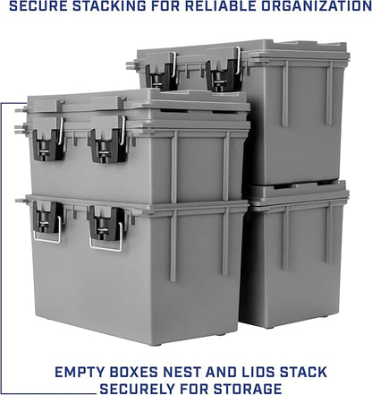 Sheffield 12766 4-Pack XL Ammo Storage Box, Stackable .50 Cal Field Boxes, Water and Dust Resistant, Lockable Storage Box with Handle, Heavy Duty Protection for Hunting Gear, Made in the USA, Gray
