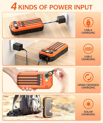 QiSa Solar Charger Power Bank 40000mAh Built in 4 Cables and Hand Crank, Portable Charger 22.5W Fast Charger 6 Outputs & 4 Inputs External Battery Pack with Bright Flashlight and Compass