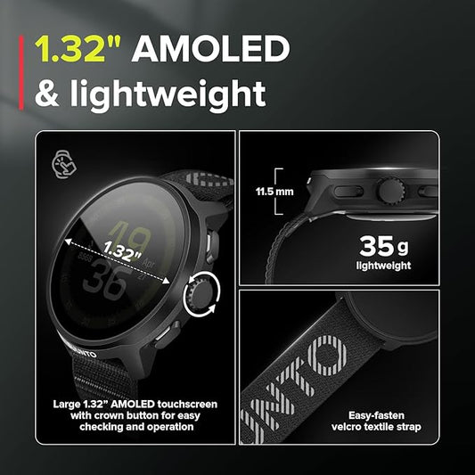 SUUNTO Run Sports Watch, 1.32" AMOLED Touchscreen w/Crown Button, 12D Battery Life, Dualband Accurate GPS, Wrist Heart-Rate & Sleep Health Tracking, 35g Lightweight & 4GB Offline Music, All Black