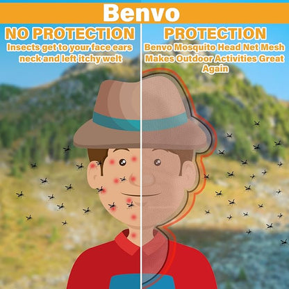 Benvo Mosquito Head Net Mesh One Piece Face Neck Fly Netting Cover from Bugs Gnats Noseeums Hat-Compatible Insect Shield for Fishing, Camping, Gardening (2pcs, Khaki, Upgraded Big Net)