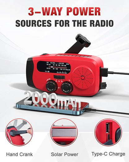 Hand Crank Emergency Radio - 2000mAh/7400mWh AM/FM/NOAA Solar Hand Crank Emergency Radio with 3 LED Flashlights, SOS Function for Emergencies, Camping - Red