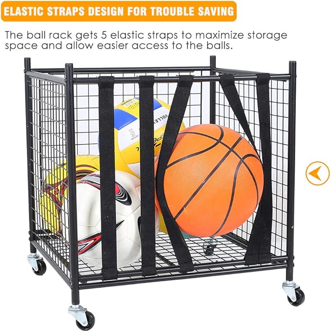 Snail Garage Sports Equipment Storage Organizer Sports Ball Storage Rolling Cart with Basket and Hooks Lockable Sports Ball Cage Storage Rack for Garages, Playgroup, Gym and Schools, Black