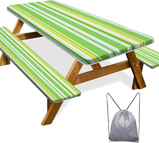 Picnic Table Cover with Bench Covers Camping Essentials Waterproof Windproof Camping Tablecloth with Drawstring Bag, Fitted Rectangle Tables and Seats, 72in, Light Green Stripe