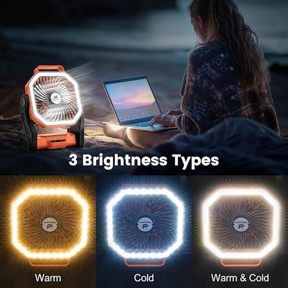 Odoland Camping Fan with LED Lantern, 20000mAh Rechargeable Battery Operated Fan, Portable Outdoor Light with Rotation Hook for Picnic Power Outage Hurricane Emergency Home Patio, Orange