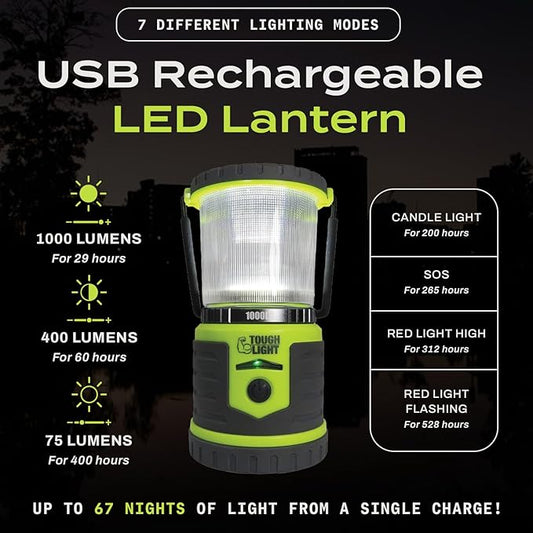 USB Rechargeable Camping Lantern, 1000 Lumens LED Lantern, Tent Lamp, 12000mAh Power Bank, 400 Hour, 7 Modes, Candle Feature, for Outdoors & Emergency