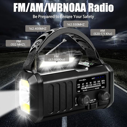 Hand Crank Emergency Radio,74000mWh Solar Powered Portable NOAA AM FM Weather Radio with 3 Mode Flashlight and Reading Light,Cell Phone Charger,Home and Emergency Distress Signal (Black)