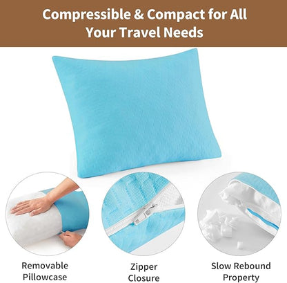 Small Shredded Memory Foam Pillow, Camping Pillow Travel Pillow - Compressible Medium Firm, Breathable Cover, Ideal Backpacking Hiking, Airplane and Car (Sky Blue, M)