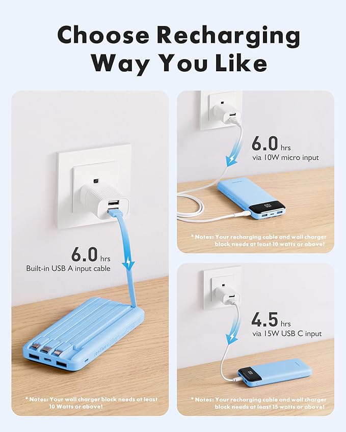 Charmast Portable Charger with Built in Cables, Power Bank with Cords Wires, Slim 10000mAh Travel Battery Pack 6 Outputs 3 Inputs 3A Fast Charging for Samsung Google Pixel LG Moto iPhone iPad