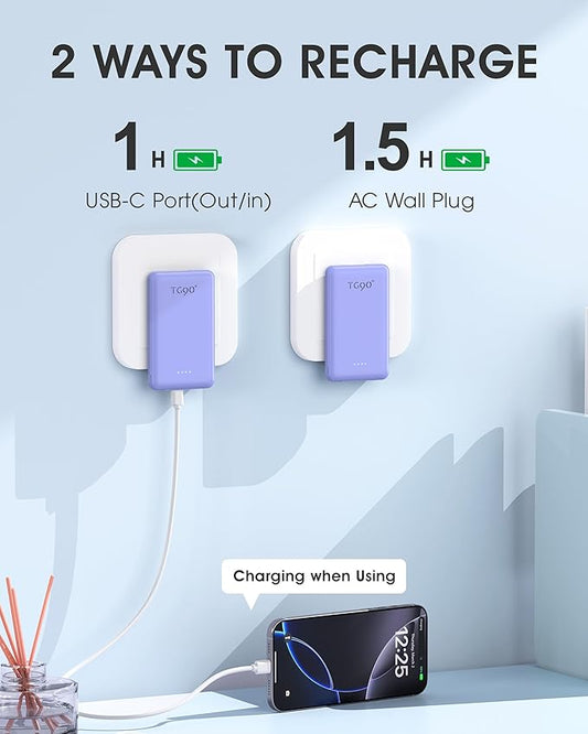 TG90° Portable Phone Charger Ultra Mini Power Bank with Built-in Foldable AC Wall Plug and Cables,5000mAh External Battery Pack Compatible with iPhone 17 16 15 14 Android Smart Devices