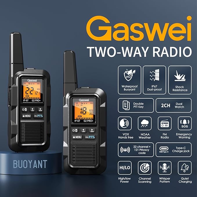 G2pro+ Heavy Duty Walkie Talkies for Adults，Rechargeable Long Range Two Way Radios 2 watts ，NOAA Weather，FM Radio，IP67 Waterproof，VOX ，Double PTT，Li-ion Battery (2 Pack - Black)