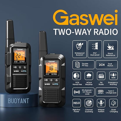 G2pro+ Heavy Duty Walkie Talkies for Adults，Rechargeable Long Range Two Way Radios 2 watts ，NOAA Weather，FM Radio，IP67 Waterproof，VOX ，Double PTT，Li-ion Battery (2 Pack - Black)