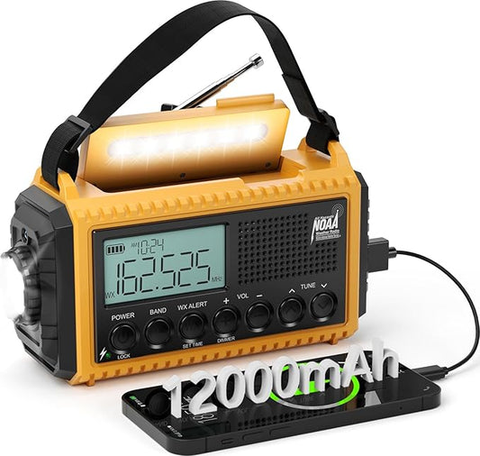 Emergency Radio12000mAh, Weather Radio 6 Ways Powered, Solar Hand Crank Radio Flashlight Cell Phone Charger, AUTO NOAA AM/FM/SW Portable Radio Rechargeable, Reading Lamp, SOS Alarm for Emergencies