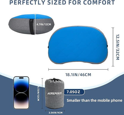 Ultralight Camping Pillow Inflatable with Removable Washable Cover, Compact Travel Pillow for Neck Support, Hiking, Backpacking, Office, Airplane, Car & Beach - Adjustable Firmness (Blue)