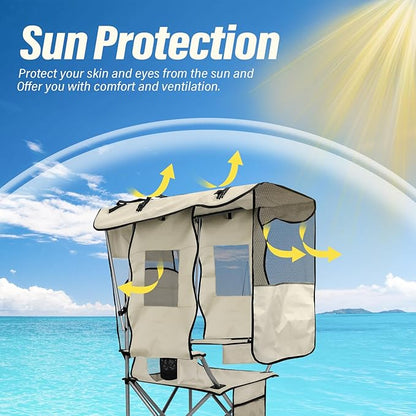 BDL Camping Chair with Canopy Shade Portable Folding Beach Chairs with Cooler, Mesh Backrest, Cup Holder, and Pocket for Camping, Fishing, Beach, and Sports,White