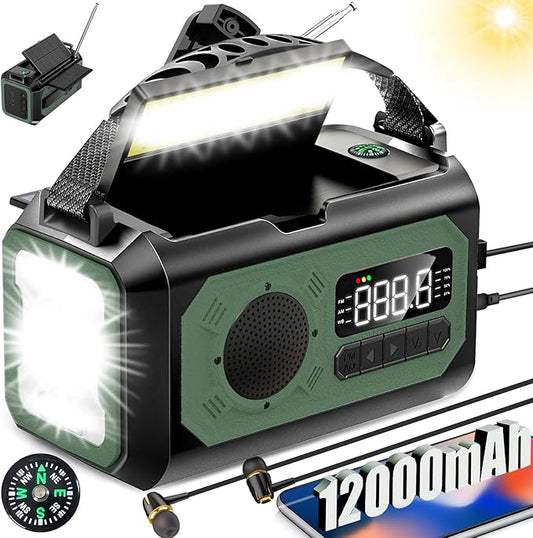 44400mWh/12000mAh Emergency Radio, Hand Crank Portable Solar Radio AM/FM/NOAA Weather Radio with 2 Solar Panels,3 Charging Methods,SOS Alarm,Flashlight,Phone Charger,Compass,Reading Lamp