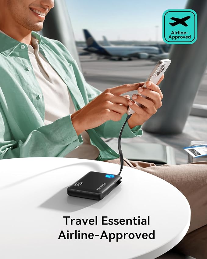INIU 45W Portable Charger, 10000mAh Built-in USB C Cable Fast Charging Power Bank, Small Type C Battery Pack, Powerbank for iPhone 17 16 15 14, iPad, Samsung S25 S24 etc. Travel Camping Essentials