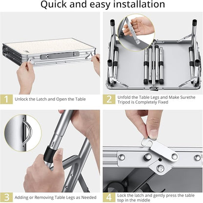Folding Camping Table, Aluminum 24" x 16" Adjustable Height Small Folding Table with Carrying Handle, Lightweight, Portable Camping Table Waterproof for Outdoor Indoor Picnic Beach BBQ, Silver