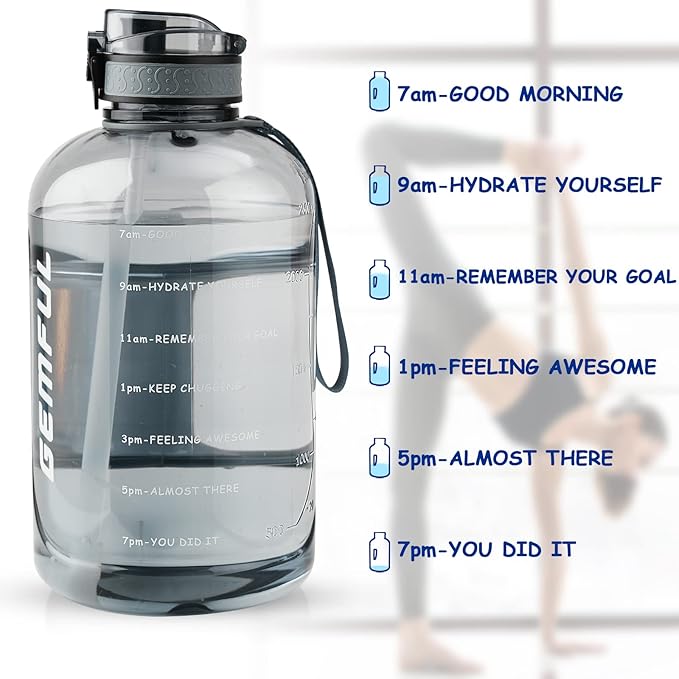 GEMFUL 3 Liter Water Bottle with Straw Time Marker Large 101oz BPA-Free Leakproof Jug for Gym Sports Hiking Motivational Tracking for Men Women (Grey with Removable Straw)