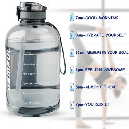 GEMFUL 3 Liter Water Bottle with Straw Time Marker Large 101oz BPA-Free Leakproof Jug for Gym Sports Hiking Motivational Tracking for Men Women (Grey with Removable Straw)