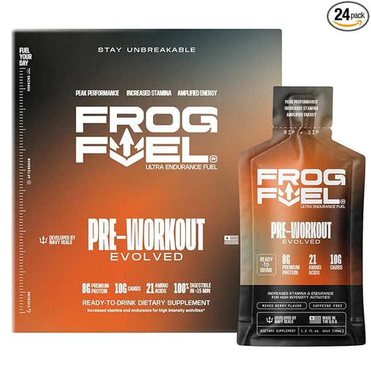 Frog Fuel Ultra Pre Workout Shot & Energy Gel with 1500mg Beta Alanine, Electrolytes 8g Protein Nano-Hydrolyzed Grass Fed Collagen, 10g Carbs, Gluten Free, Fat Free, Berry, 1.2 oz Packets, 24 Pack