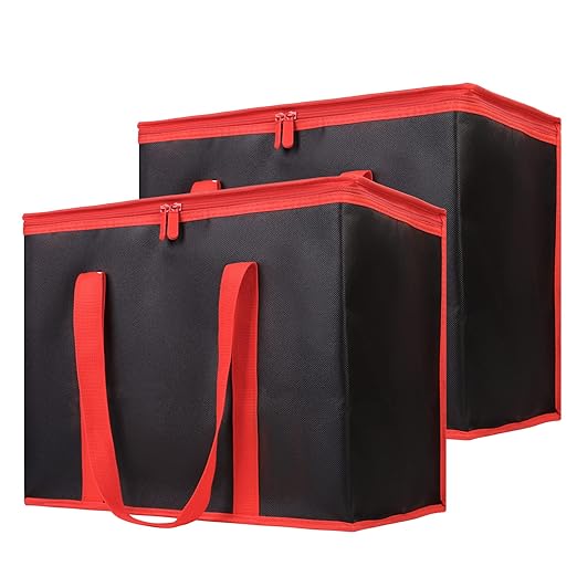 Bodaon 1-Pack Insulated Reusable Grocery Shopping Bags, X-Large Picnic Cooler Bag with Zipper Zippered Top Cold, Insulated Food/Pizza Delivery Bag (Black-Red Edge)