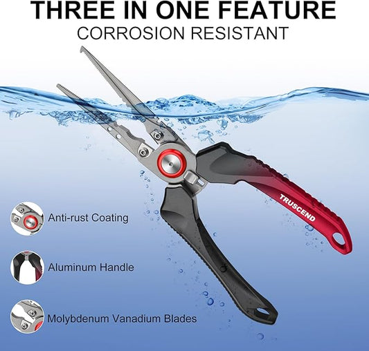 TRUSCEND Lockable Handy Fishing Pliers with Innovative Ergonomic Handle, Saltwater Corrosion Resistant Teflon Coated Fishing Tool, Multi-Function Fishing Gear with Mo-V Cutter