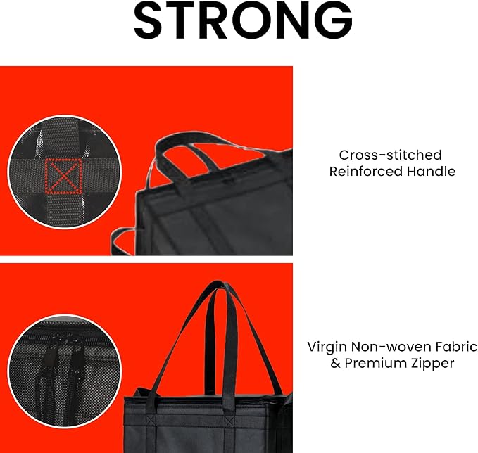 NZ home XL Plus Insulated Cooler Bag and Food Warmer for Delivery & Grocery Shopping with Zippered Top, Black (1 Pack)