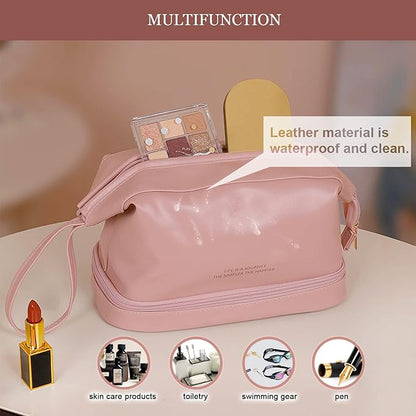 Abiudeng Large Capacity Makeup Bag Ladies Cosmetic Bag Travel Bag with Compartments Portable PU Leather Travel Makeup Bag with Handle