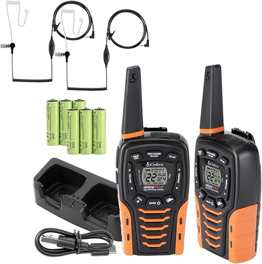 Cobra ACXT645 Waterproof Walkie Talkies for Adults with Compatible Cobra Surveillance Headset Microphone: Rechargeable, 22 Channels, 35-Mile Range, 2 Two-Way Radios, 2 Headsets, Black/Orange