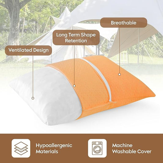 Small Shredded Memory Foam Pillow, Camping Pillow Travel Pillow - Compressible Medium Firm, Breathable Cover, Ideal Backpacking Hiking, Airplane and Car (Apricot Yellow, M)