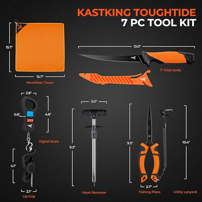KastKing ToughTide Fishing Tool Kit, Rechargeable Digital Fish Scale with Lip Grip & Tape Measure, 7” Fillet Knife with Sheath & Sharpener, 8” Split Ring Fishing Pliers