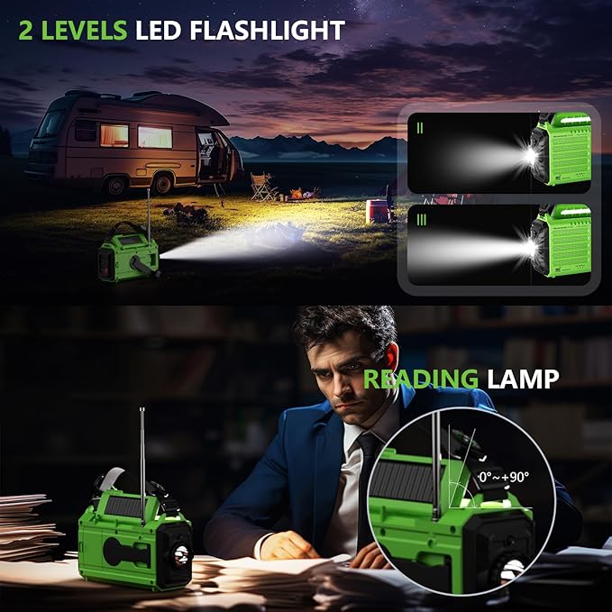 NOAA-Certified Emergency Weather Radio, AM/FM Portable Solar Hand Crank Powered with Flashlight & Reading Lamp for Emergency, Rechargeable Battery, SOS Alarm, Cell Phone Charger for Outdoor & Home Use